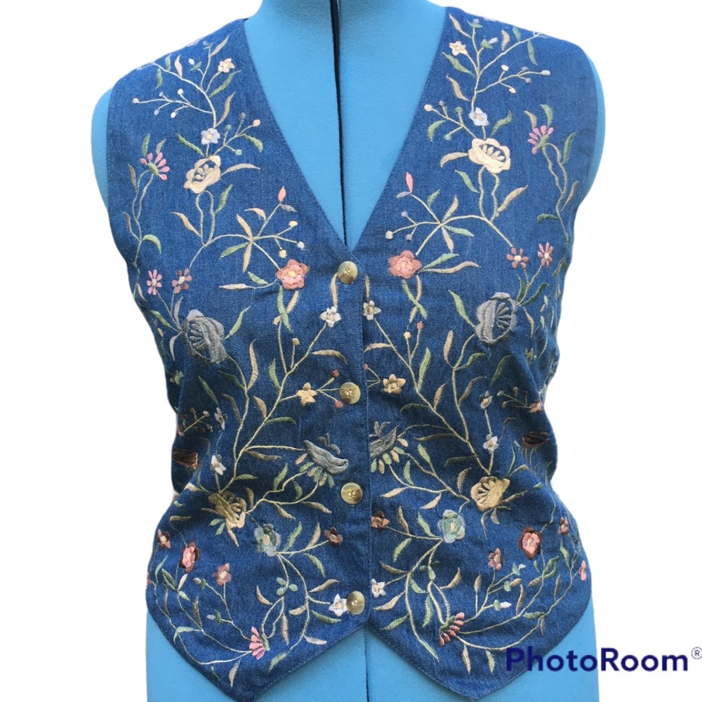 Vintage Asapo Petite Collection Floral Demin Vest 80's M